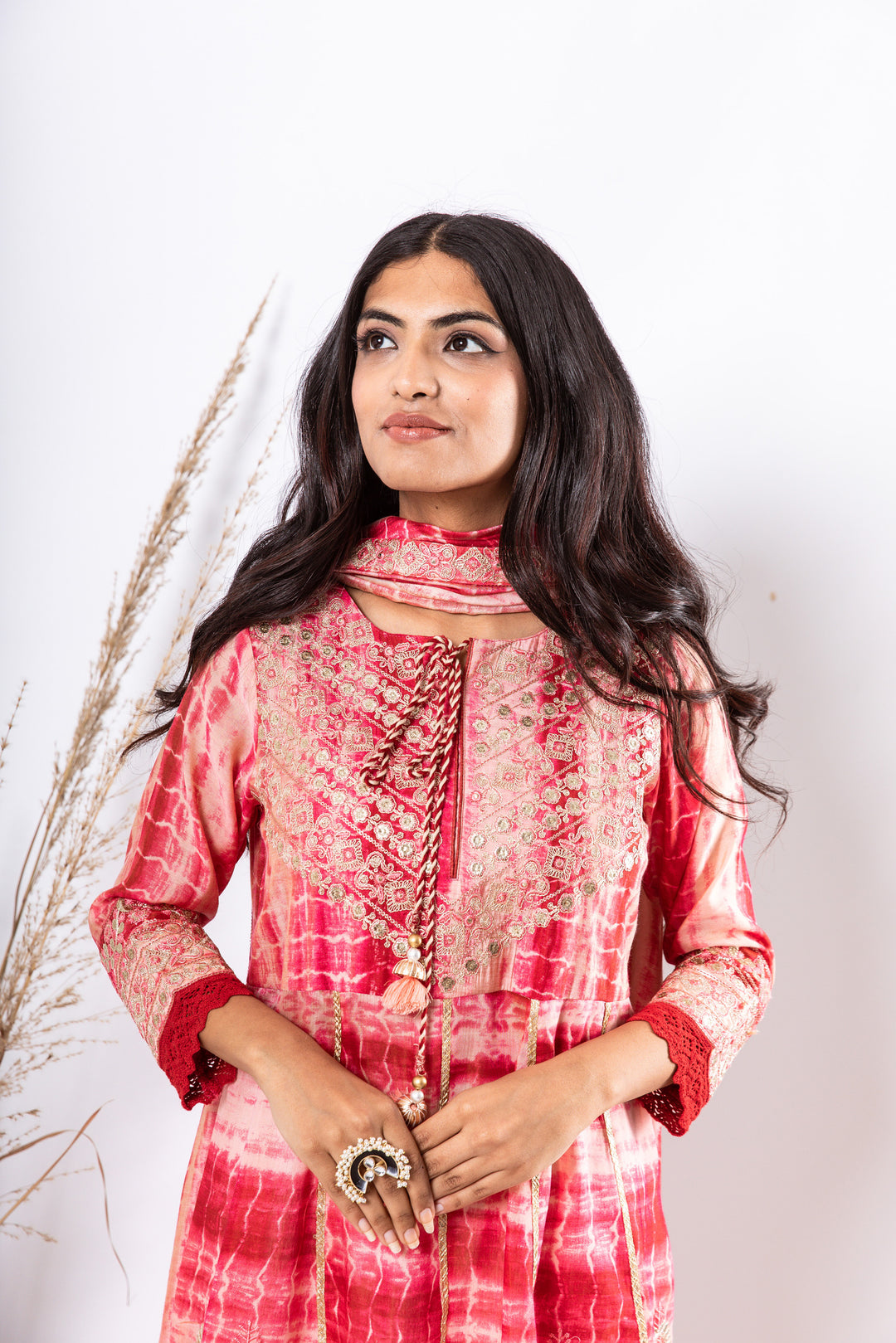 Noor Women's Red Color Silk Flared Kurta Pant Dupatta With Fancy Potli