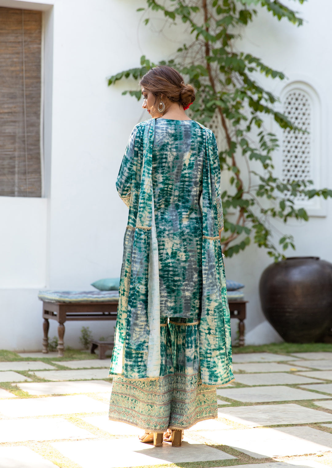 Ruhaniyat Women's Green Color Silk Straight Kurta Sharara Dupatta With Fancy Potli