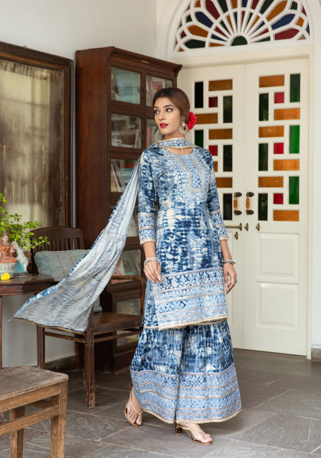 Nilambar Women's Indigo Blue Color Silk Straight Kurta Sharara Dupatta With Fancy Potli