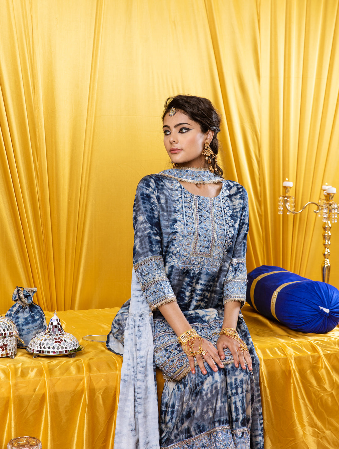 Nilambar Women's Indigo Blue Color Silk Straight Kurta Sharara Dupatta With Fancy Potli