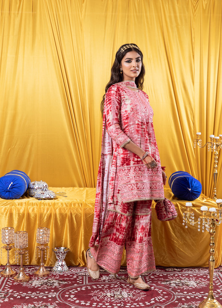 Noor Women's Red Color Silk Straight Kurta Sharara Dupatta With Fancy Potli