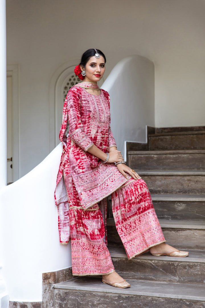 Noor Women's Red Color Silk Straight Kurta Sharara Dupatta With Fancy Potli