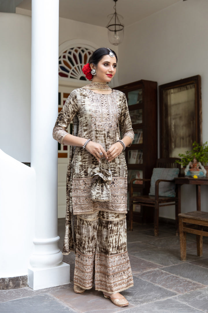Nazakat Women's Brown Color Silk Straight Kurta Sharara Dupatta With Fancy Potli