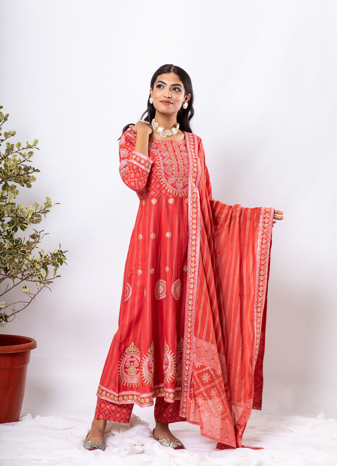 Noor Women's Red Color Rayon Anarkali Kurta Pant Dupatta With Fancy Potli