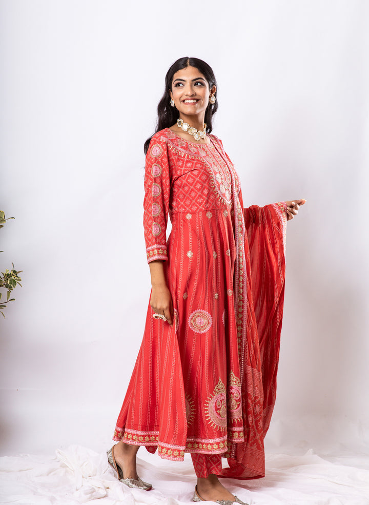 Noor Women's Red Color Rayon Anarkali Kurta Pant Dupatta With Fancy Potli
