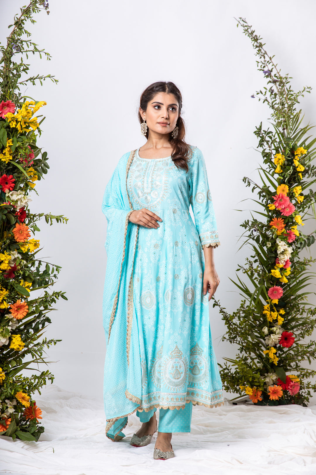 Nilambar Women's Turquoise Color Rayon Anarkali Kurta Pant Dupatta With Fancy Potli