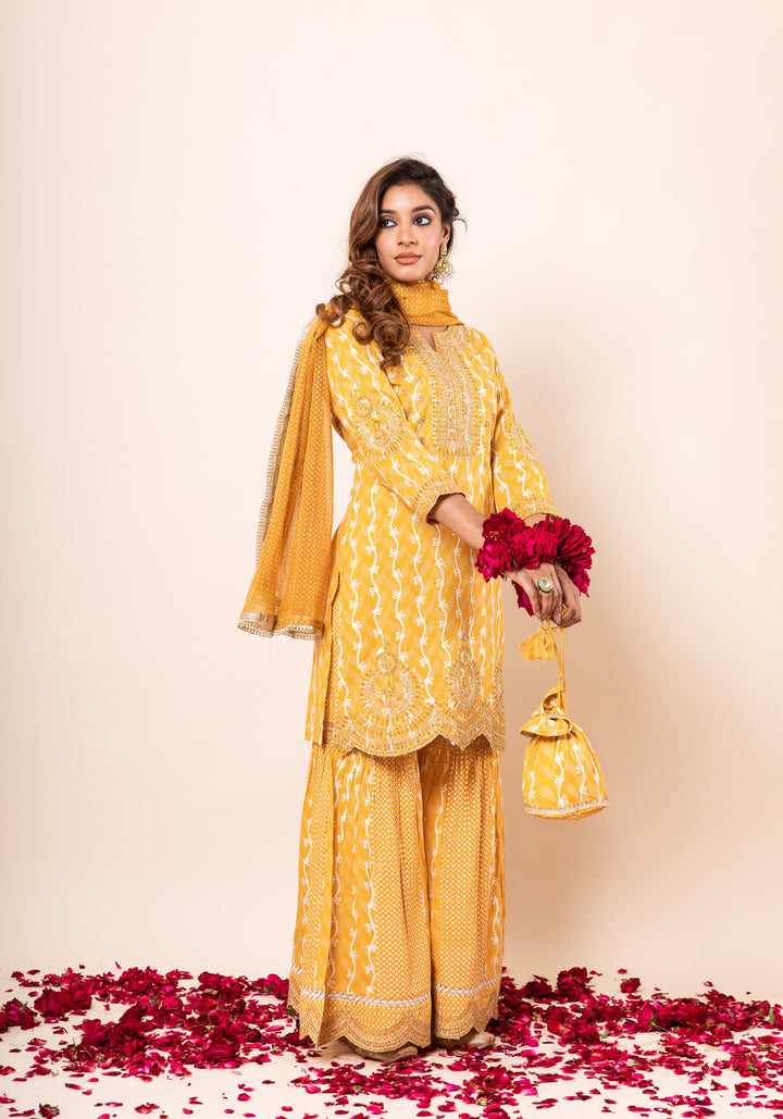 Lehza Women's Mustard Color Rayon Straight Kurta Sharara Dupatta With Fancy Potli
