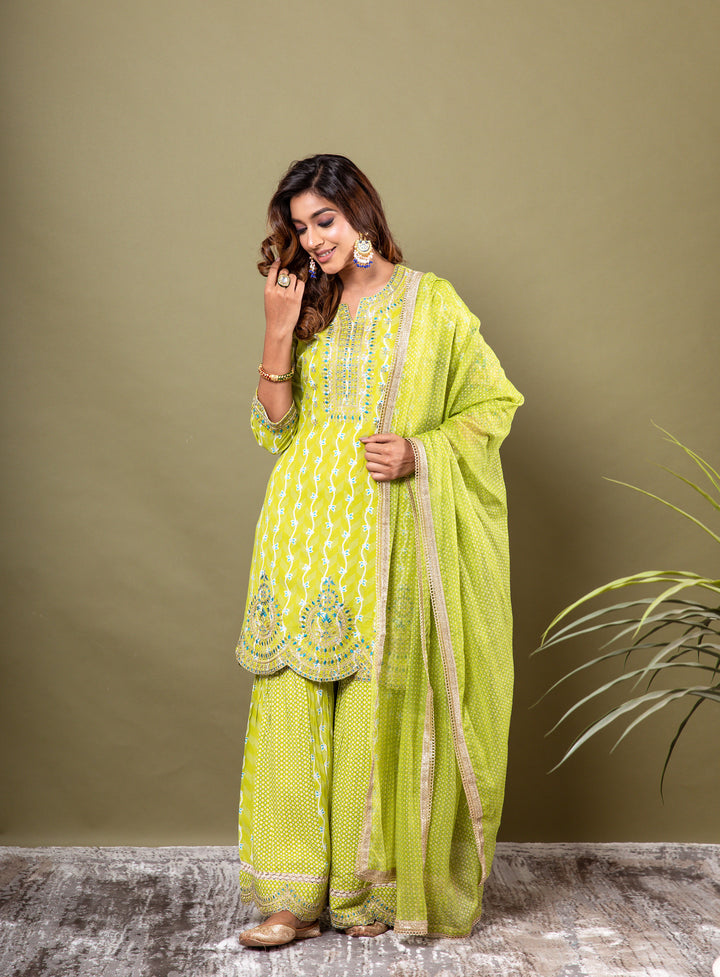 Lehza Women's Lime Green Color Rayon Straight Kurta Sharara Dupatta With Fancy Potli
