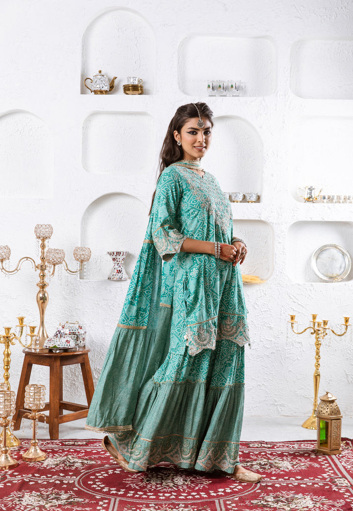 Nilambar Women's Turquoise Color Rayon Straight Kurta Sharara Dupatta With Fancy Potli