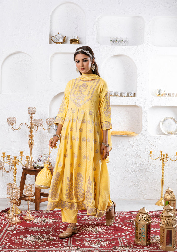Lehza Women's Yellow Color Rayon Anarkali Kurta Pant Dupatta With Fancy Potli