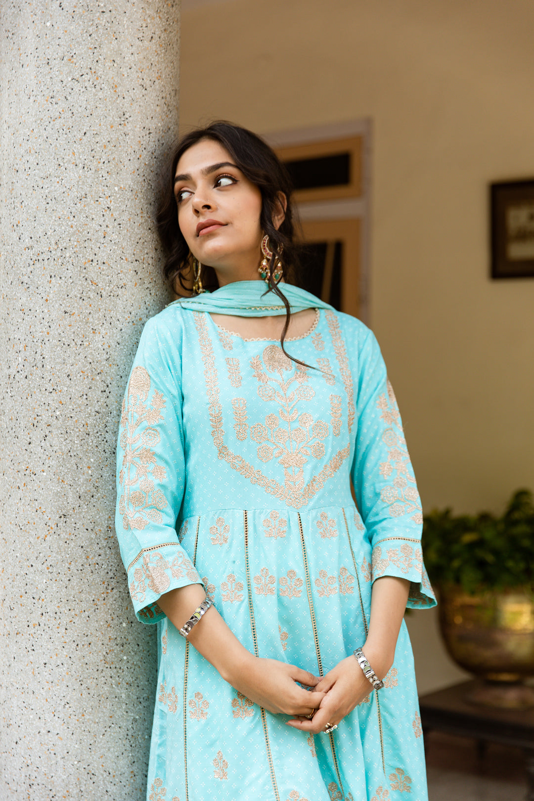 Nilambar Women's Turquoise Color Rayon Anarkali Kurta Pant Dupatta With Fancy Potli
