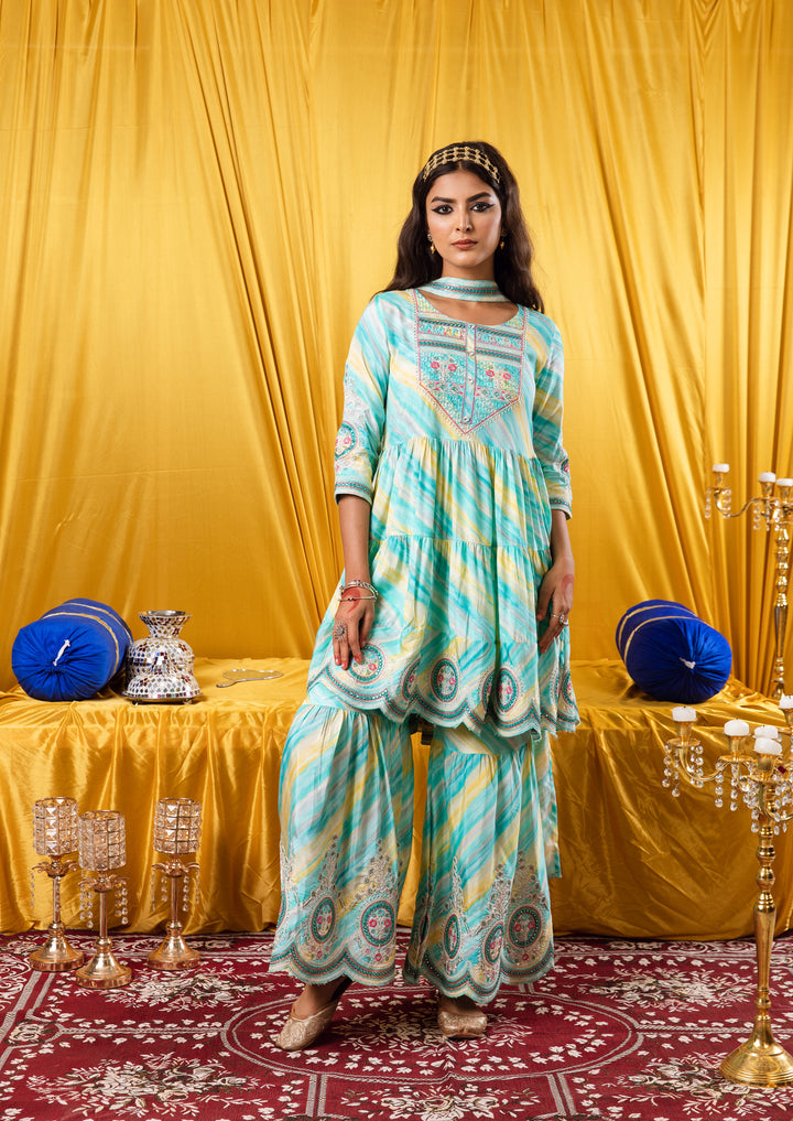 Nilambar Women's Turquoise Color Silk Tiered Kurta Sharara Dupatta With Fancy Potli