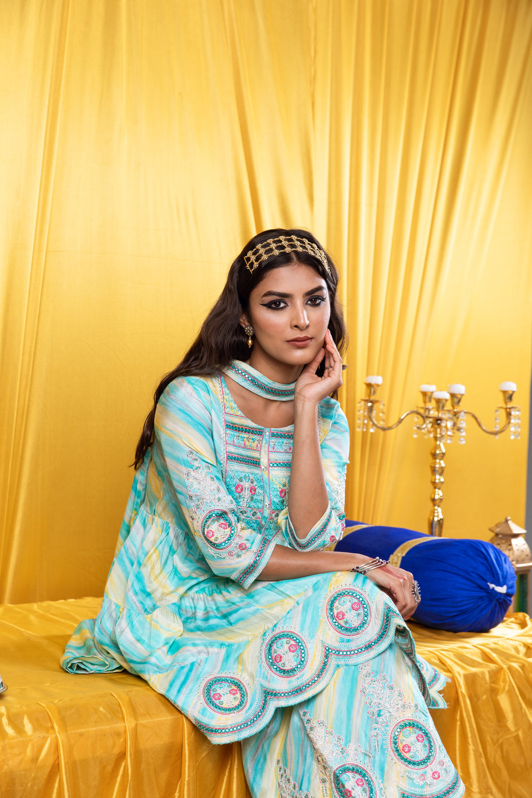 Nilambar Women's Turquoise Color Silk Tiered Kurta Sharara Dupatta With Fancy Potli