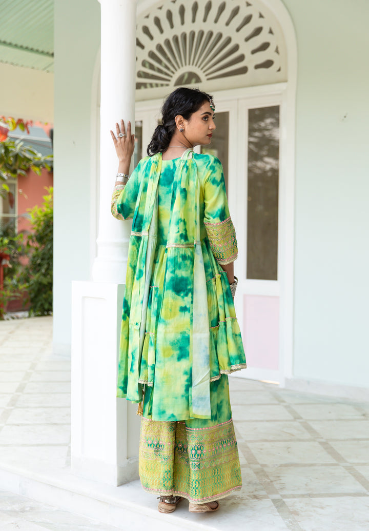 Ruhaniyat Women's Green Color Silk Tiered Kurta Sharara & Dupatta Set