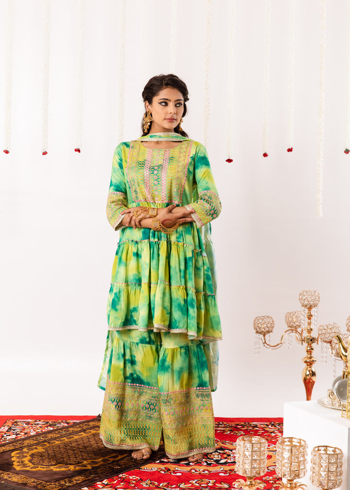 Ruhaniyat Women's Green Color Silk Tiered Kurta Sharara & Dupatta Set