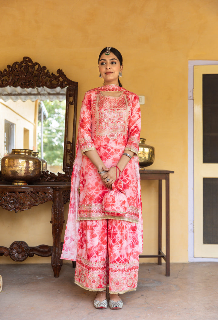 Noor Women's Pink Color Silk Straight Kurta Sharara Dupatta With Fancy Potli