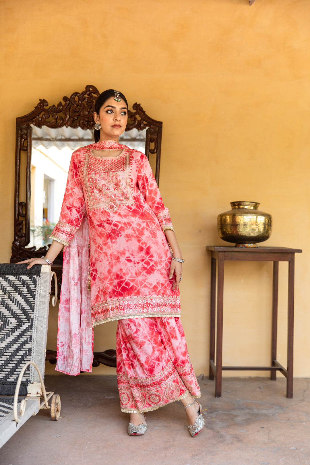 Noor Women's Pink Color Silk Straight Kurta Sharara Dupatta With Fancy Potli