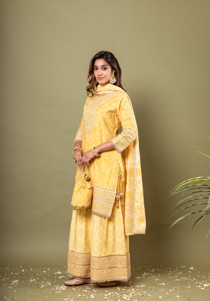 Lehza Women's Yellow Color Muslin Straight Kurta Sharara Dupatta With Fancy Potli