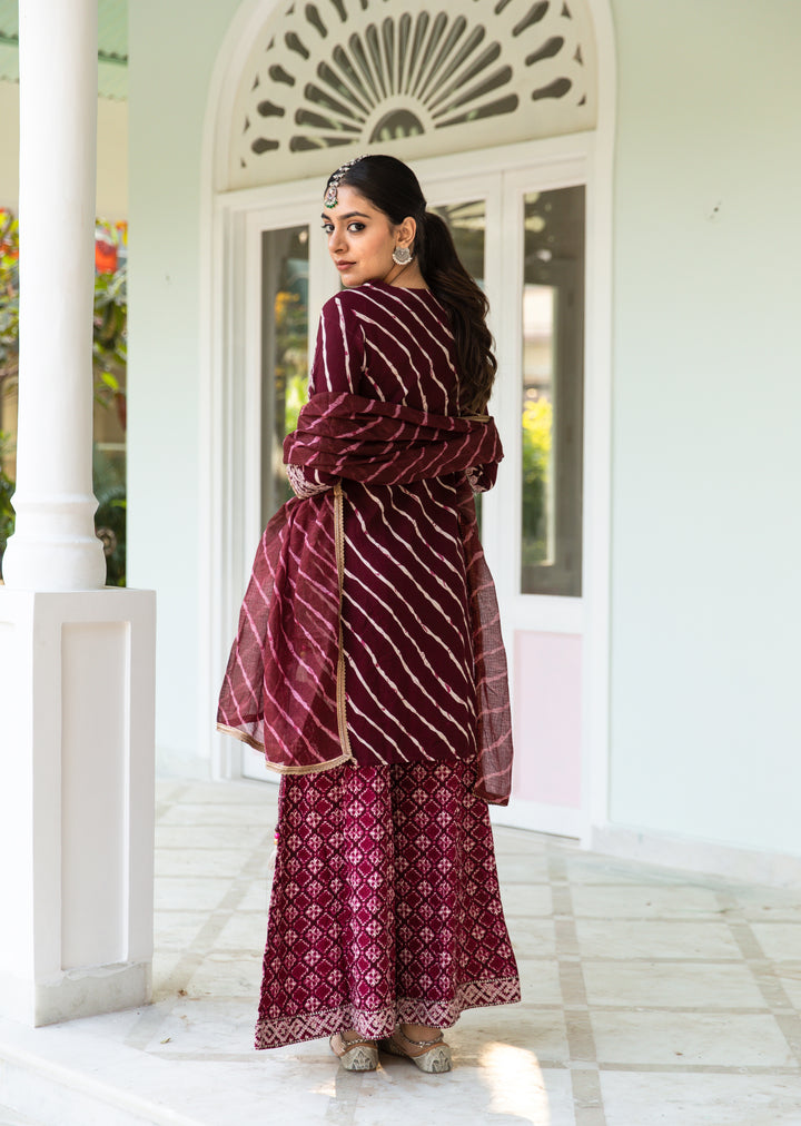 Noor Women's Cherry Purple Color Rayon Straight Kurta Sharara Dupatta With Fancy Potli