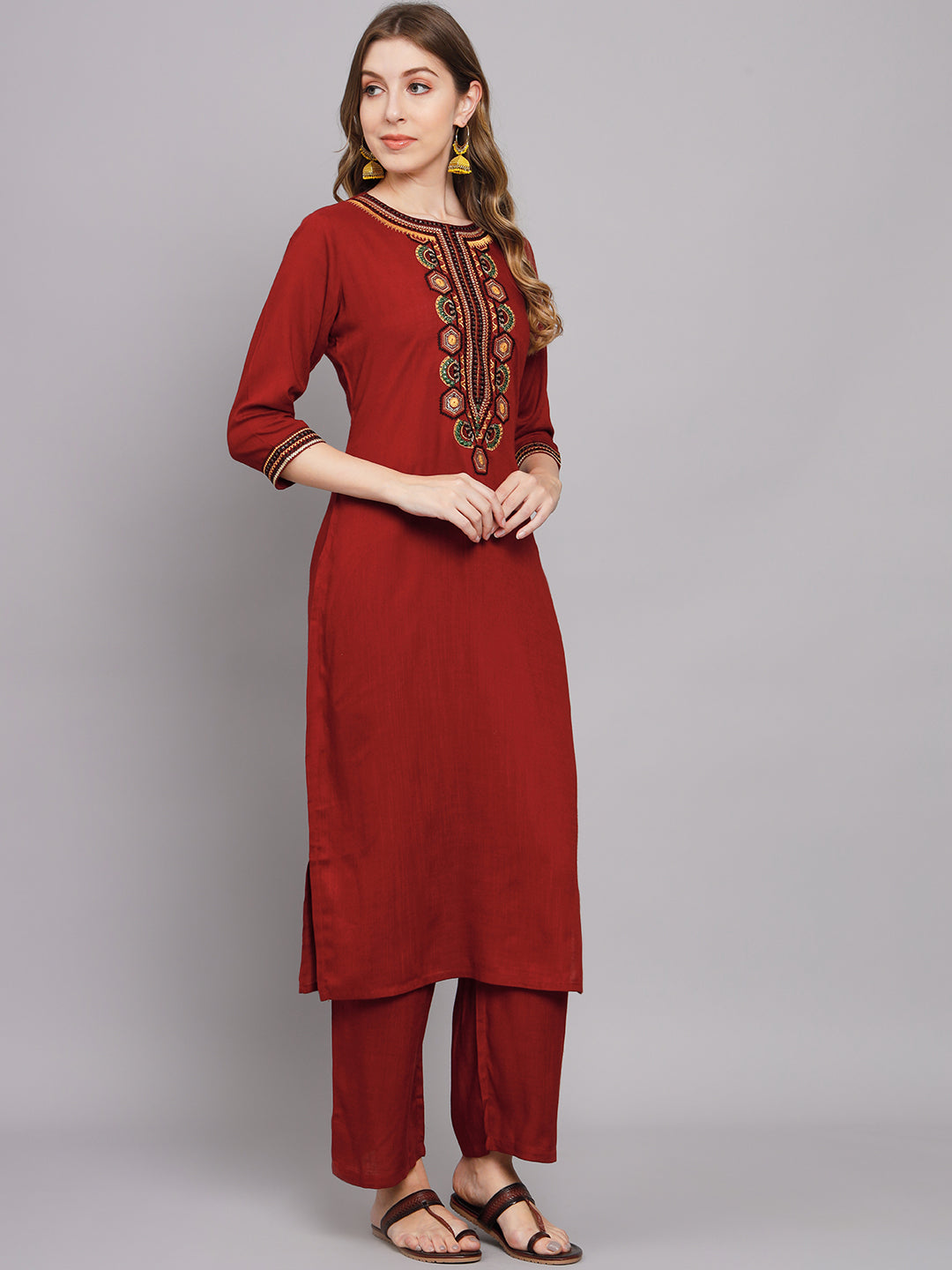 Women's Red Rayon Straight Ethnic Sets