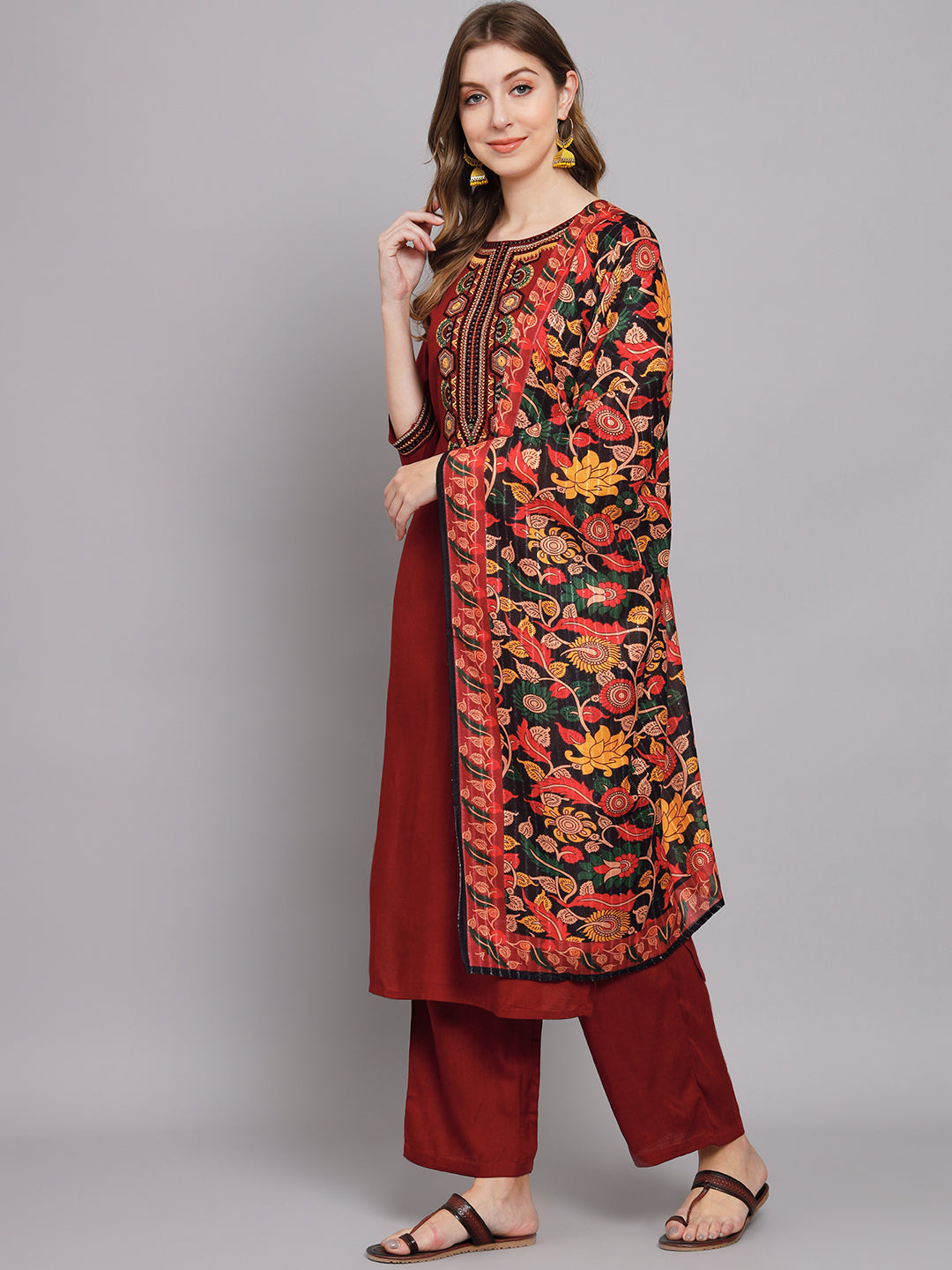 Women's Red Rayon Straight Ethnic Sets