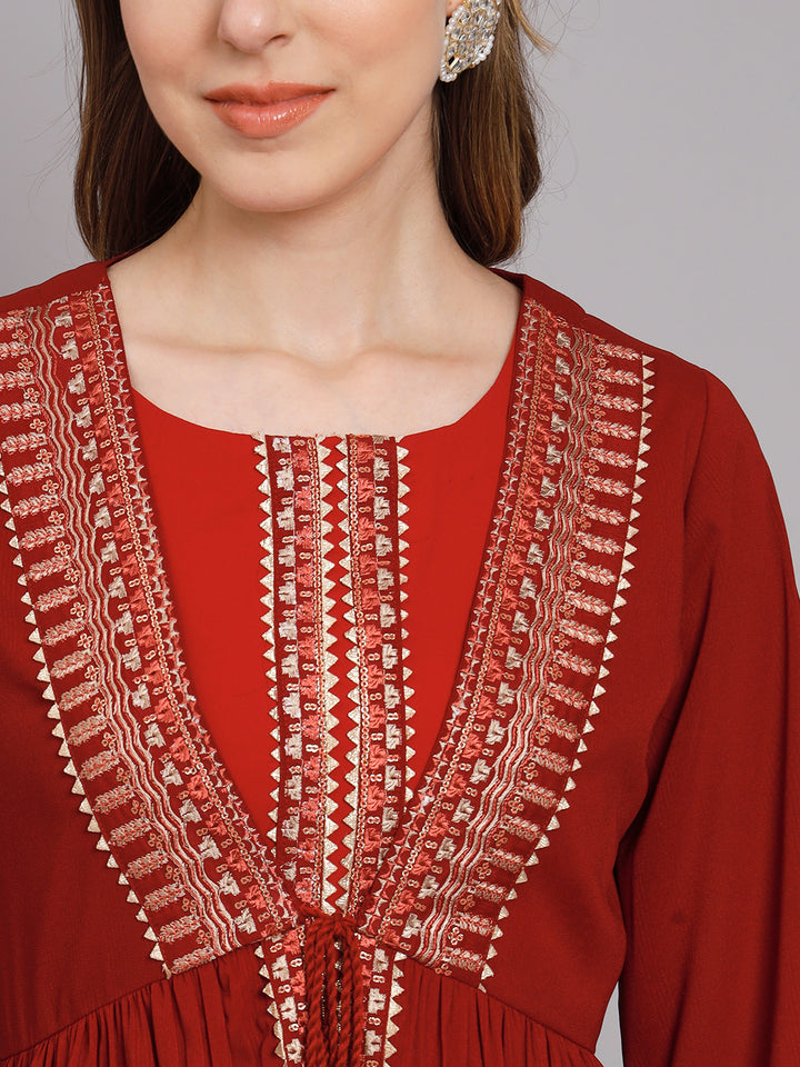 Women's Maroon Rayon A-Line Top With Shrug