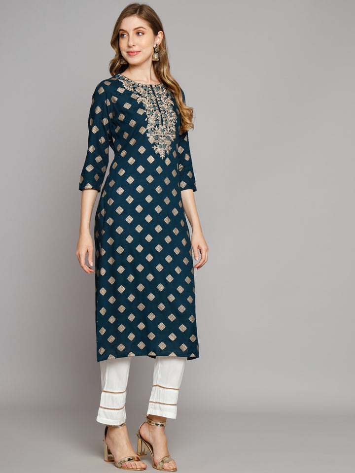 Women's Teal Blue Rayon Straight Kurta Palazzo Set