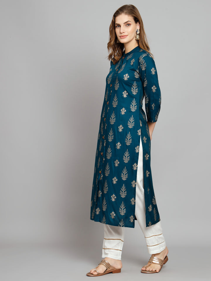 Women's Teal Blue Rayon Slub Straight Kurta Palazzo Set