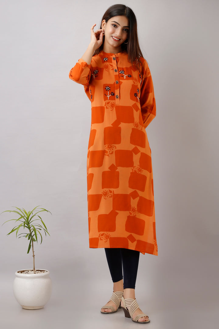 Womens Orange Color Rayon Straight Kurta