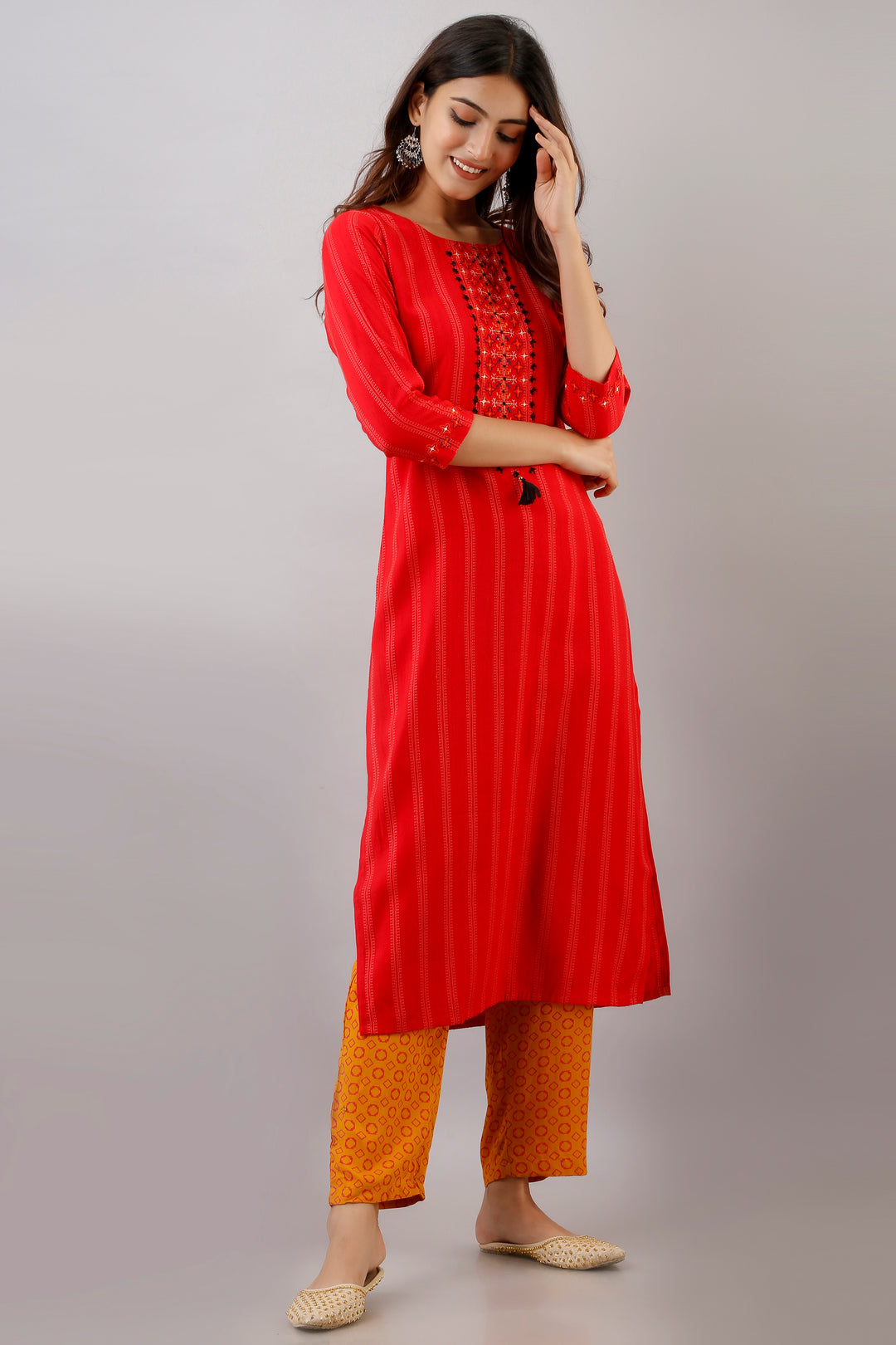 Red Color Rayon Straight Womens Kurta with Pant