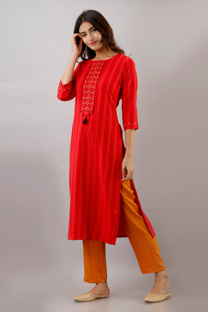 Red Color Rayon Straight Womens Kurta with Pant