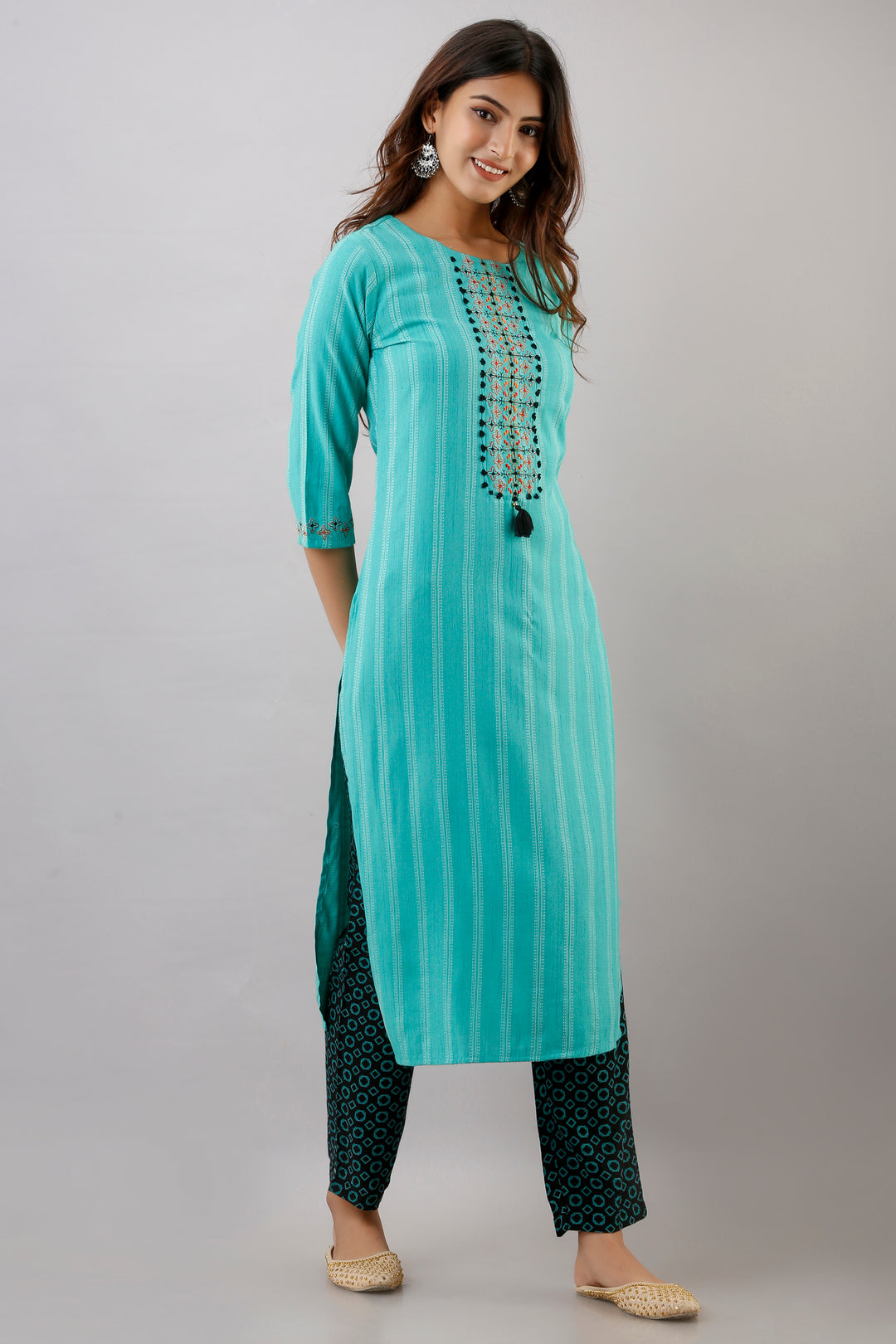 Turquoise Color Rayon Straight Womens Kurta with Pant