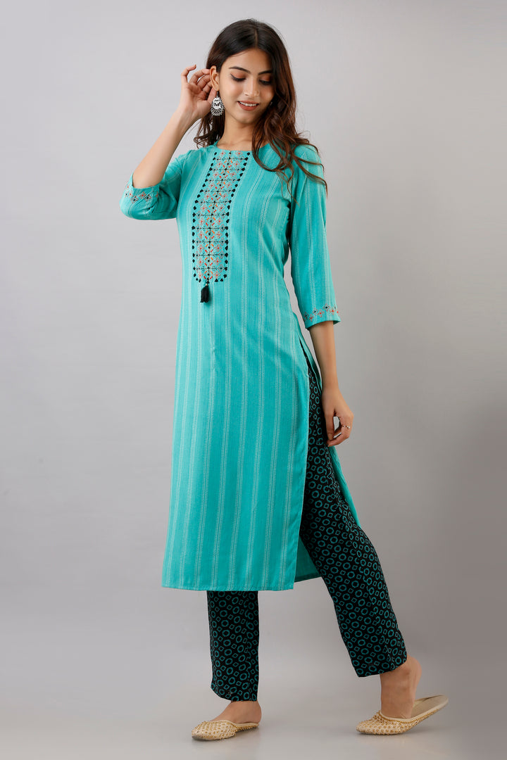 Turquoise Color Rayon Straight Womens Kurta with Pant