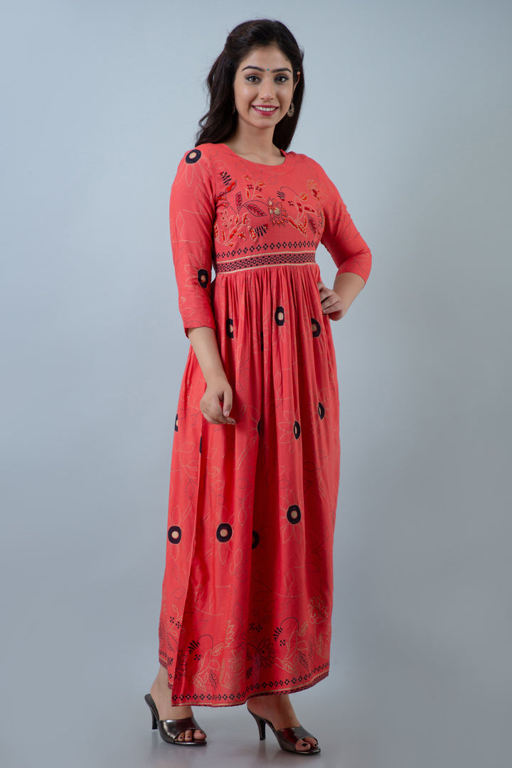 Women Peach Rayon Ethnic Dress