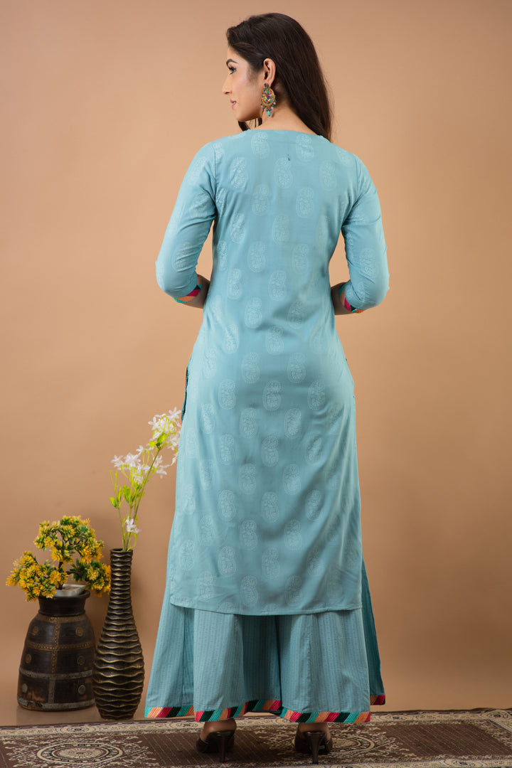 Women Turquoise Rayon Ethnic Set