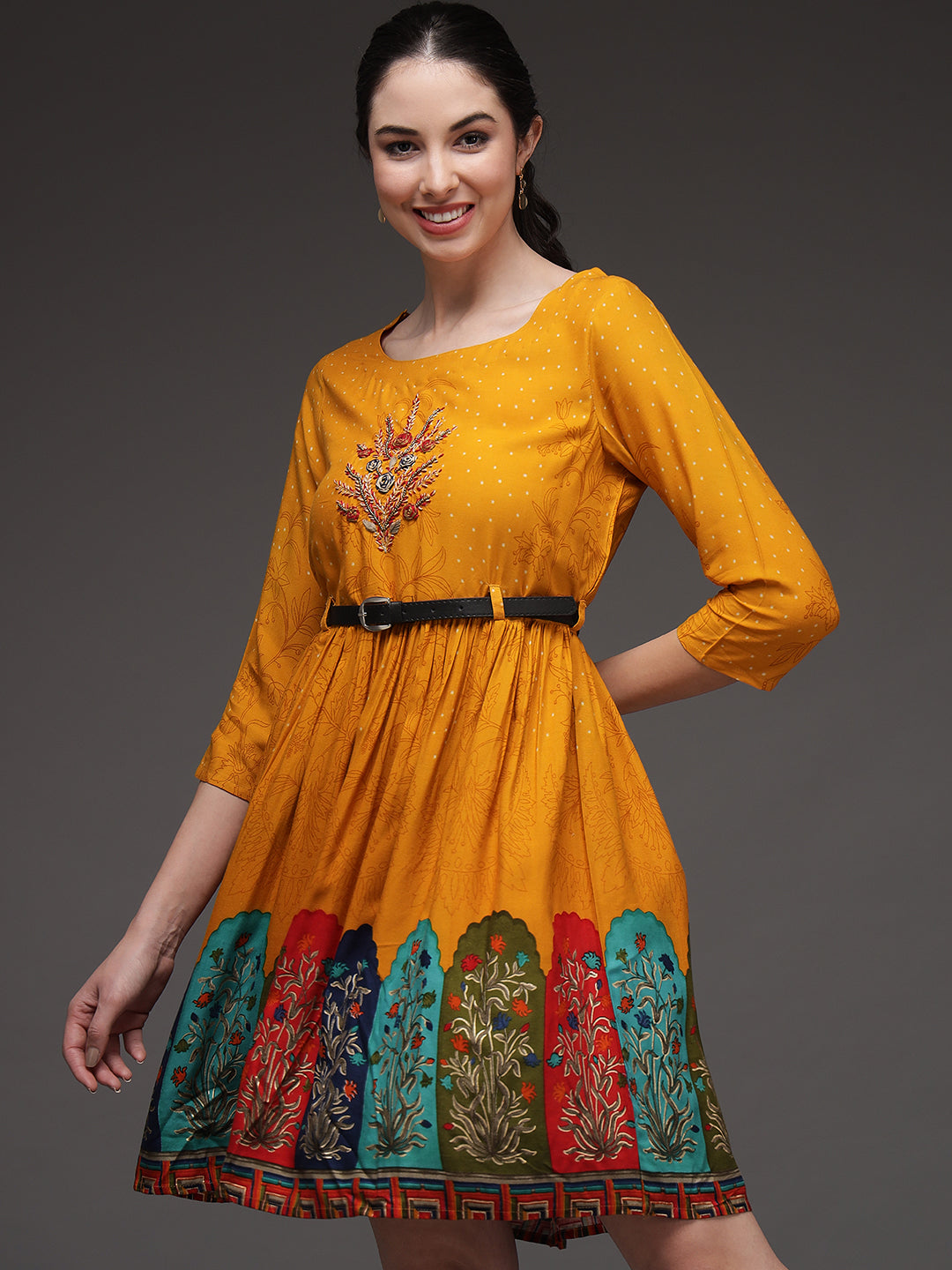 Mustard Color Rayon Flared Kurta Womens Dress