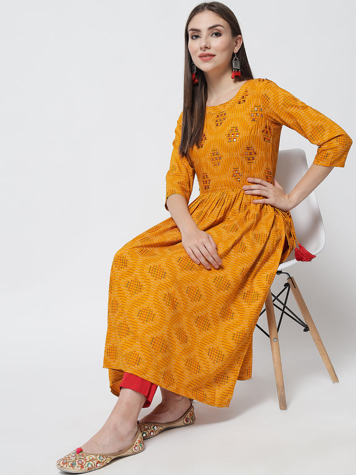 Designer Mustard Color Rayon A-Line Womens Kurta