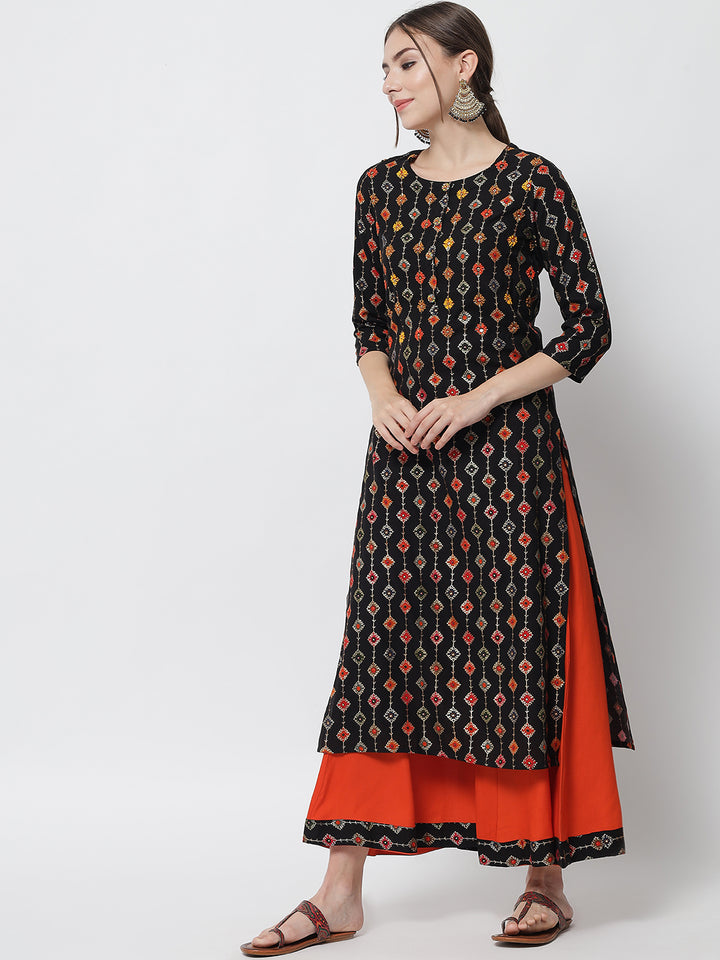 Multi Color Color Rayon Straight Womens Kurta with Divider Palazzo