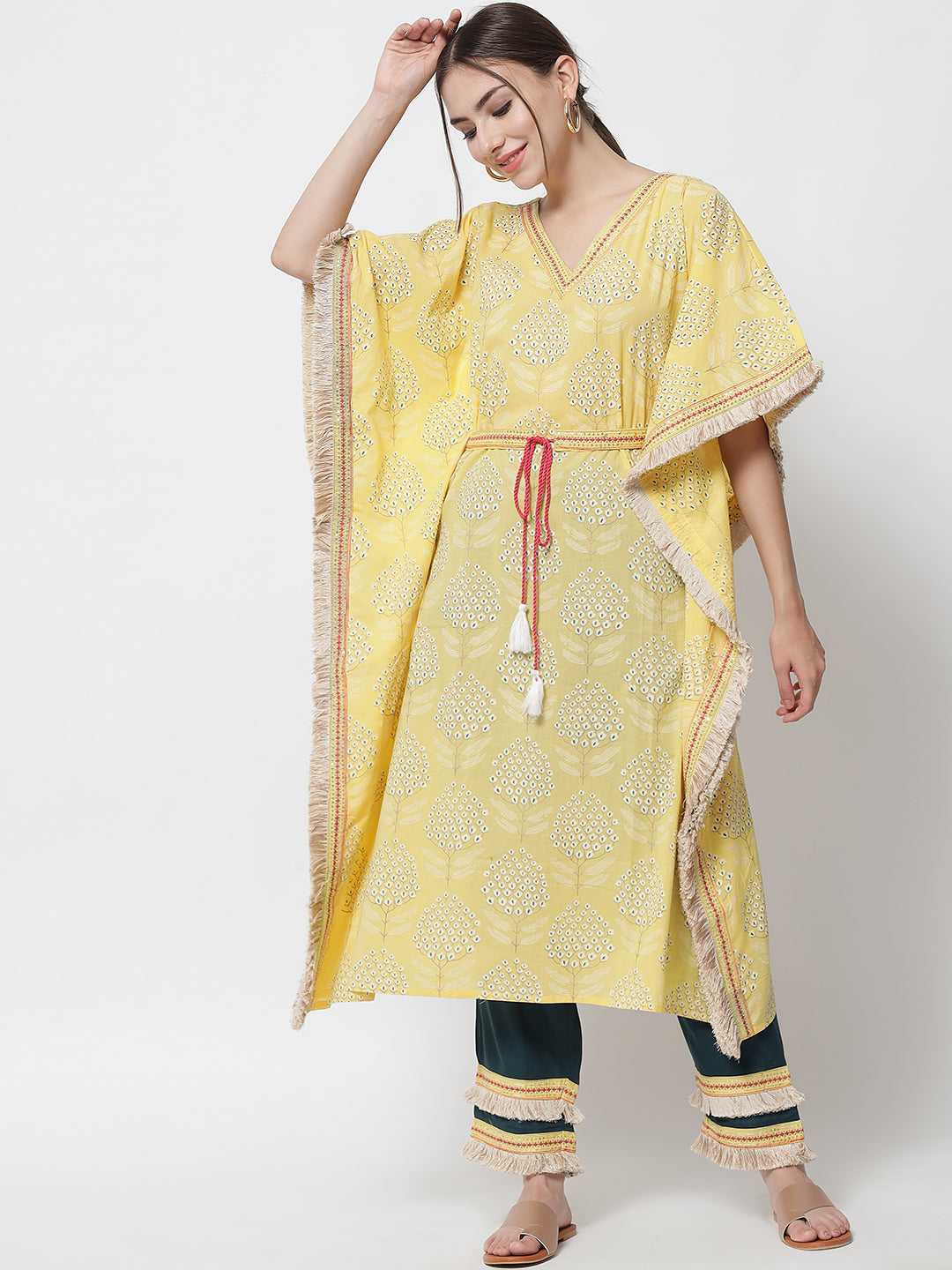 Yellow Color Cotton Straight Womens Kaftan
