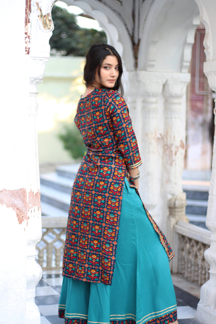 Womens Multicolor Rayon Straight Kurta with Skirt Set