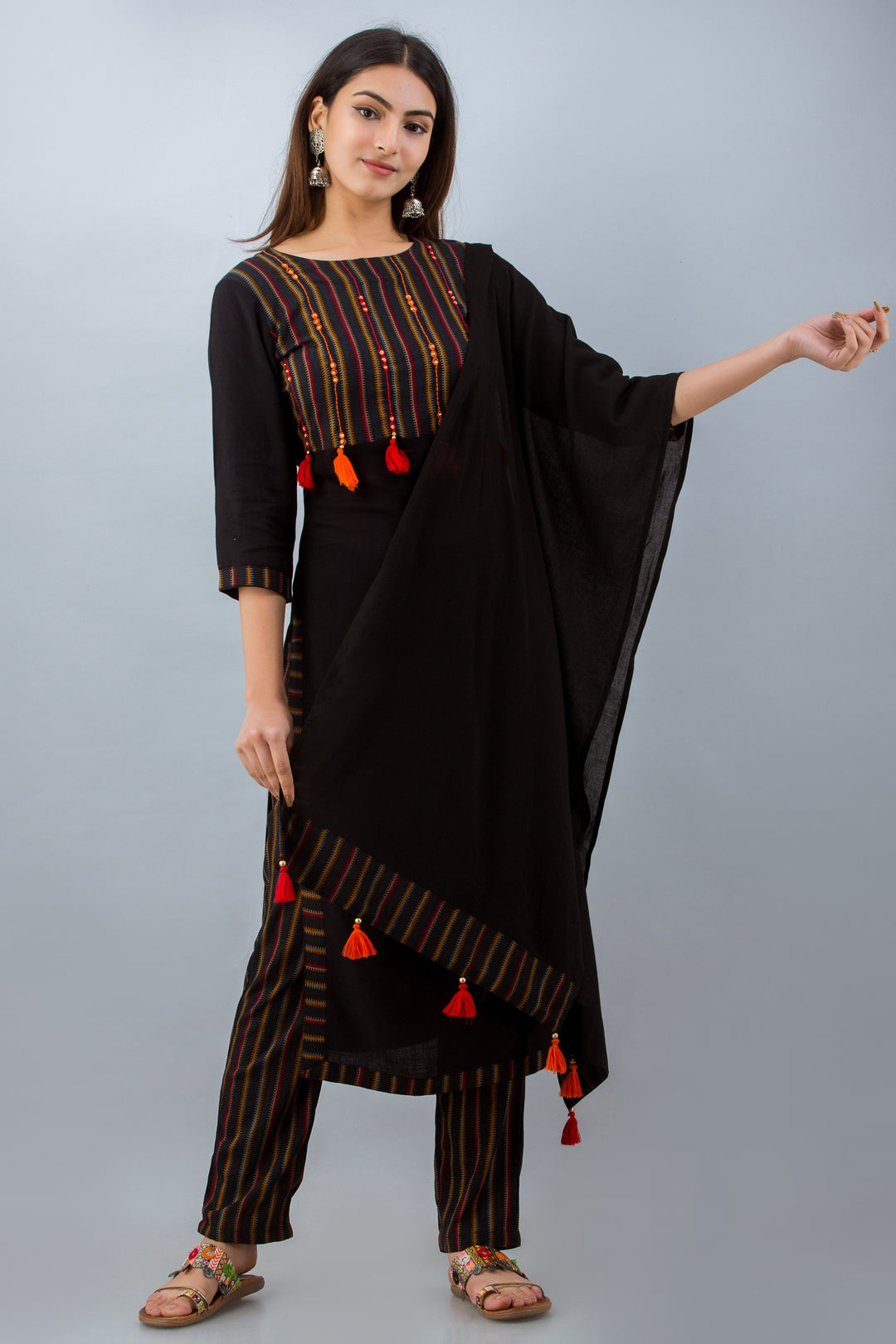 Color Black Rayon Straight Womens Kurta with Pant & Dupatta Set