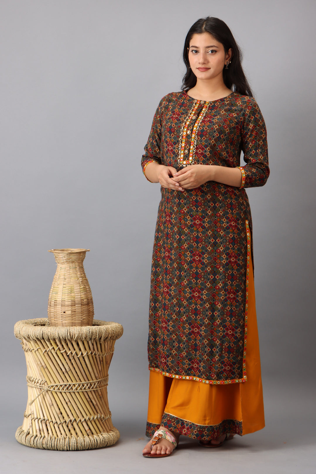 Multicolor Color Straight Womens Kurta with Divider Palazzo