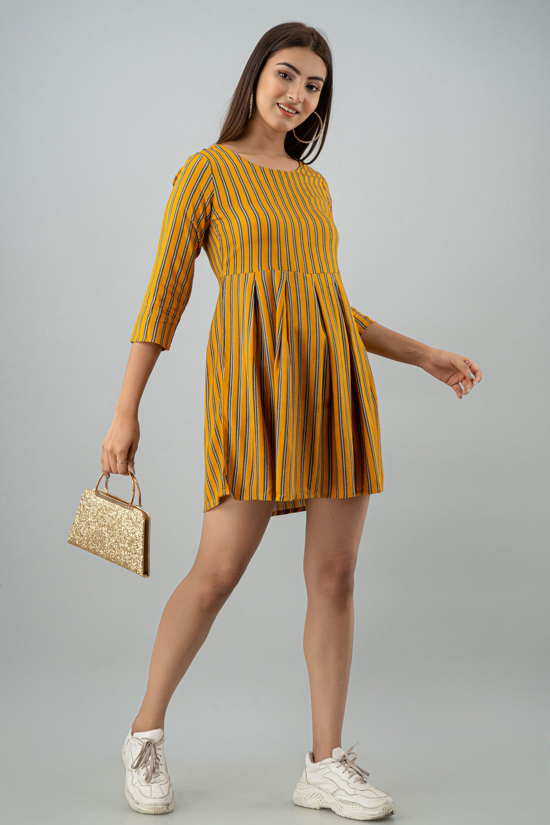 Mustard Color Rayon Flared Women Short Dress