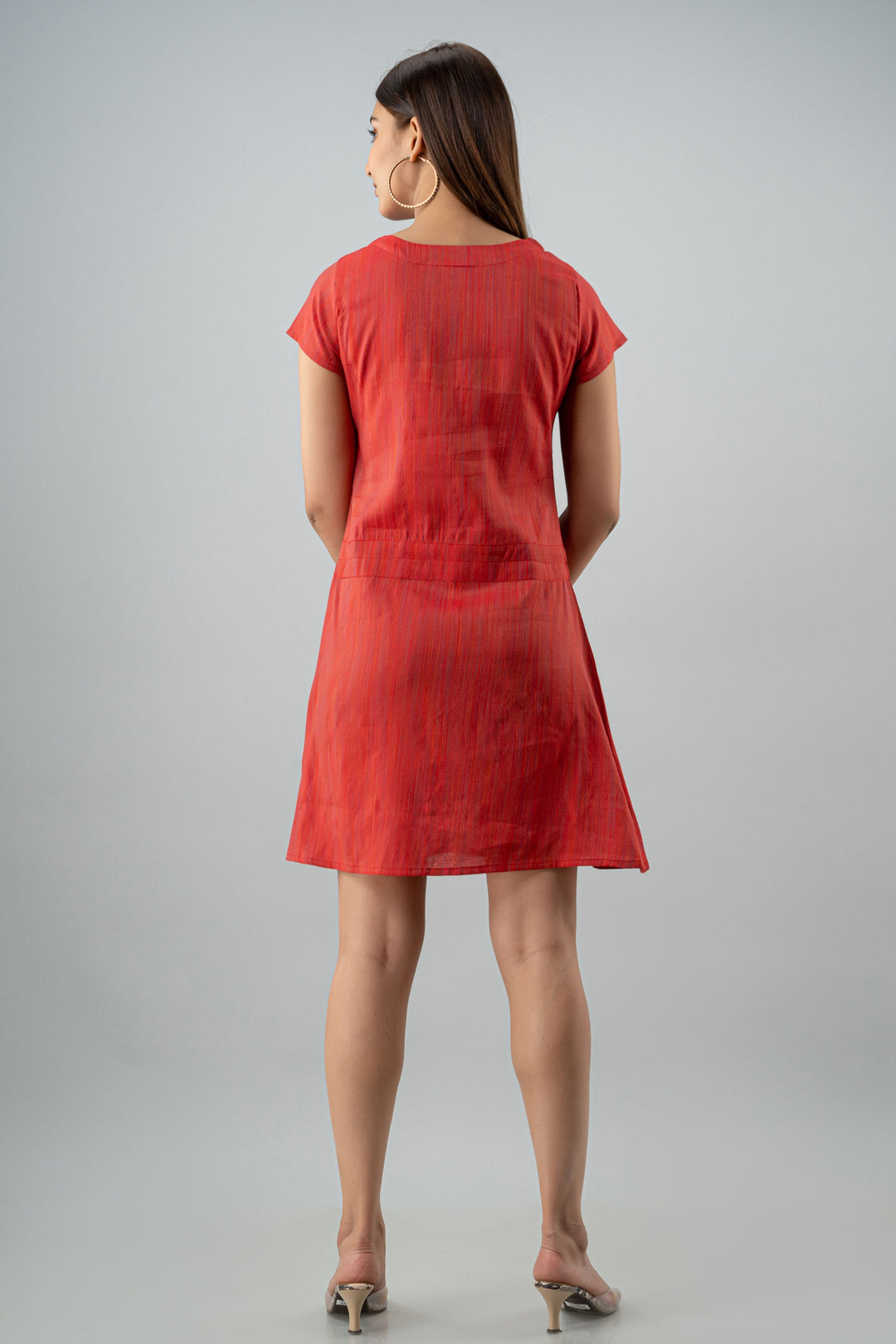 Red Color Yarn Dyed A-line Women Short Dress