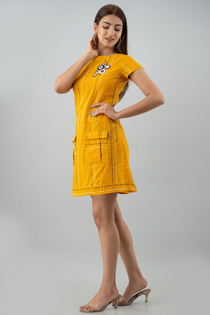 Mustard Color Yarn Dyed A-line Women Short Dress