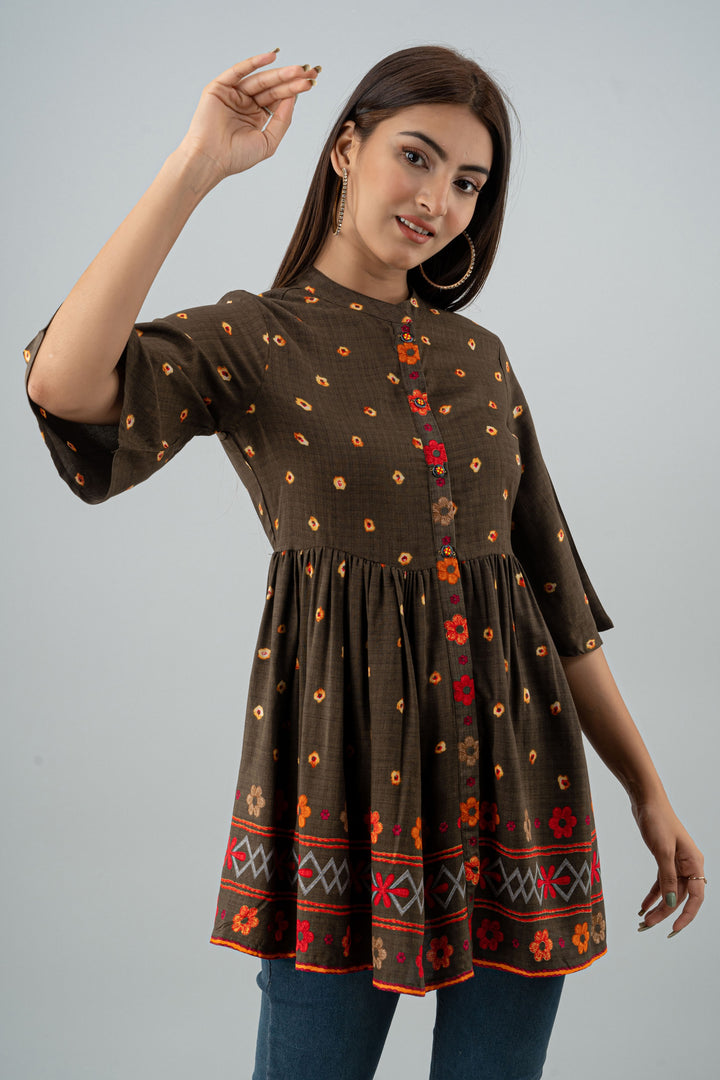 Brown Color Rayon Flared Women Short Dress