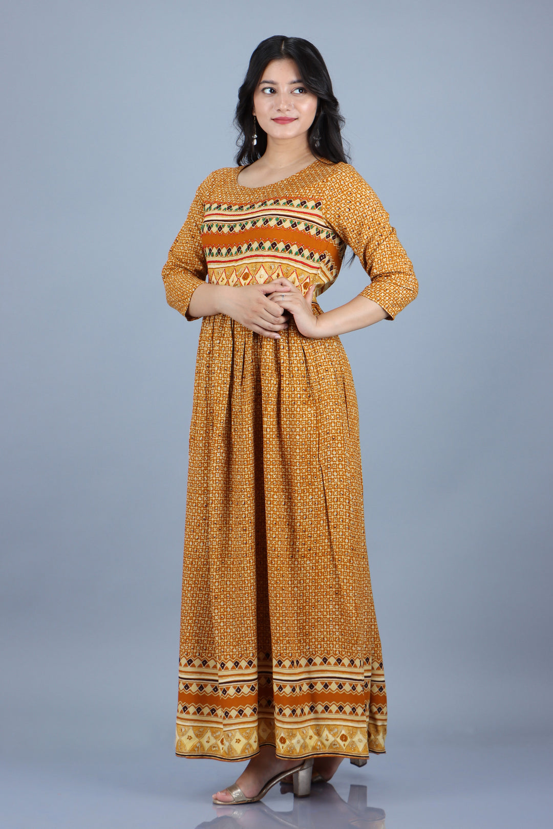 Mustard Rayon Ethnic Dress Womens
