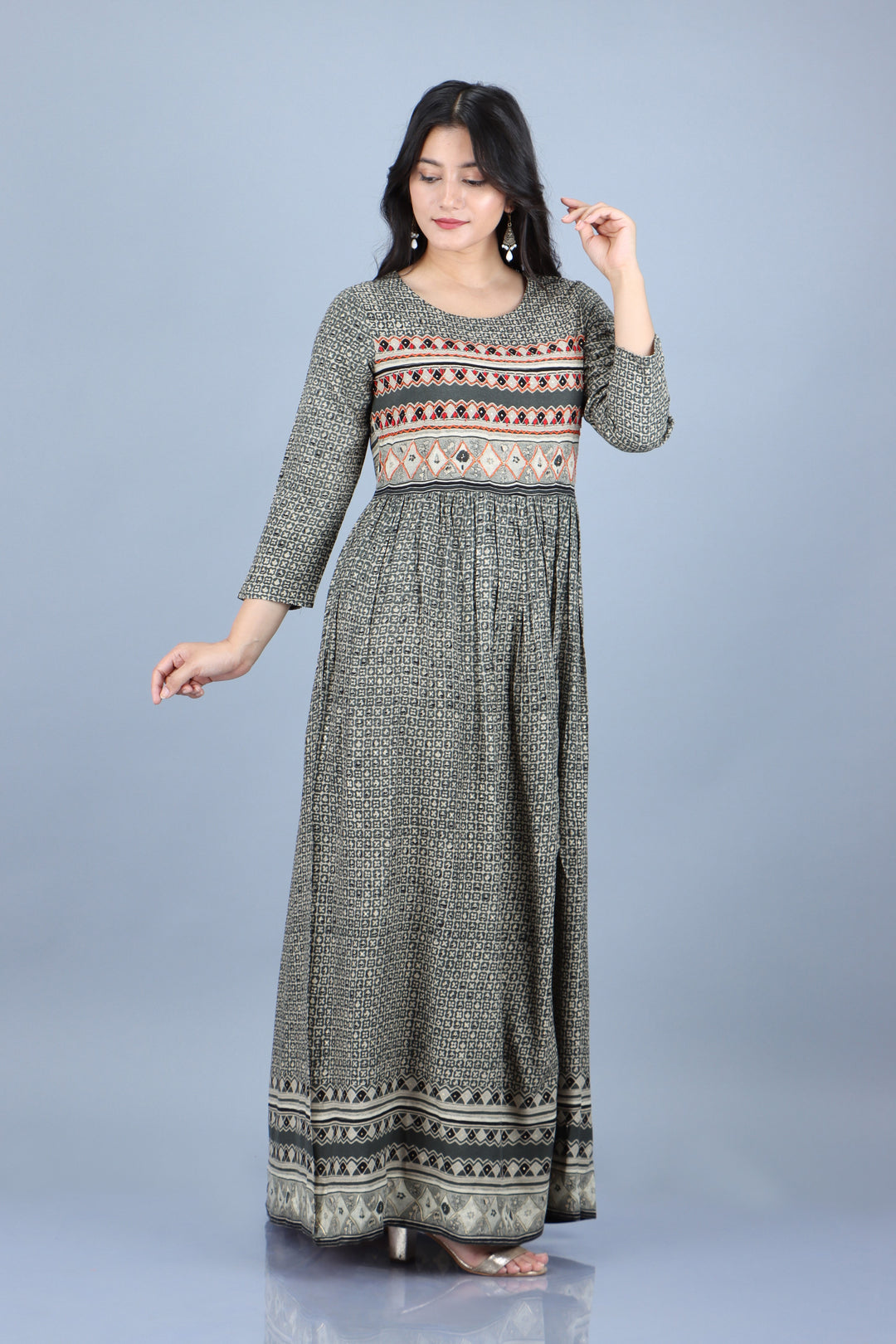 Womens Grey Rayon Ethnic Dress