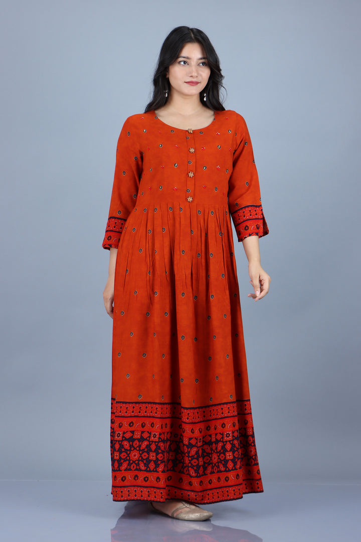 Womens Rust Rayon Ethnic Dress
