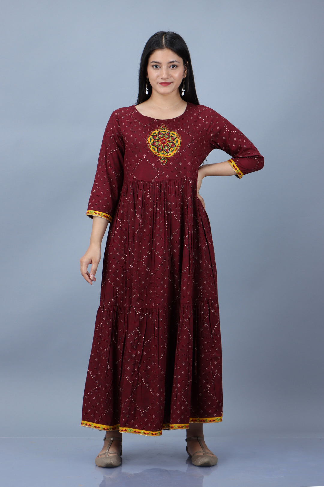 Womens Burgundy Rayon Ethnic Dress